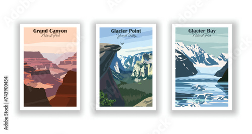 Glacier Bay, National Park. Glacier Point, Yosemite Valley. Grand Canyon, National Park - Vintage travel poster. Vector illustration. High quality prints