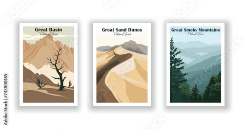 Great Basin, National Park. Great Sand Dunes, National Park. Great Smoky Mountains, National Park - Vintage travel poster. Vector illustration. High quality prints