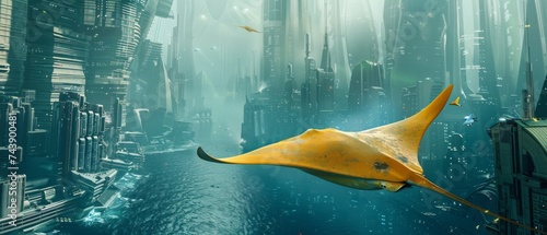 Mustard yellow manta ray in smart city ocean black market monitored by edge computing Terracotta Army during alien invasion Neanderthals hamster sidekick slider panorama photo