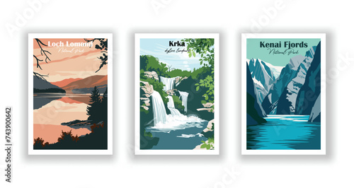 Kenai Fjords, National Park. Krka, National Park. Loch Lomond, National Park - Vintage travel poster. Vector illustration. High quality prints