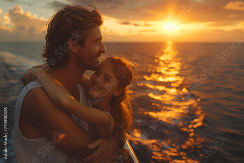 Man and child Embracing on Boat at Sunset