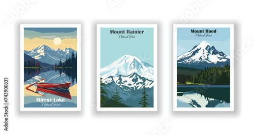 Mirror Lake, National Park. Mount Hood, National Park. Mount Rainier, National Park - Vintage travel poster. Vector illustration. High quality prints
