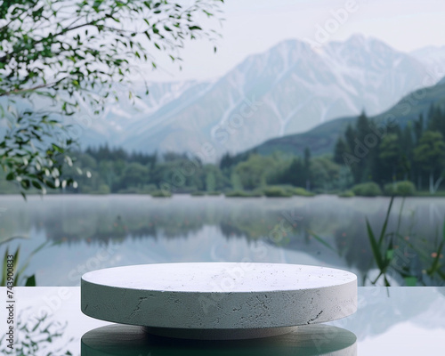 A 3D animation of a podium blending seamlessly into a serene nature backdrop presenting a one of a kind and cutting edge product design