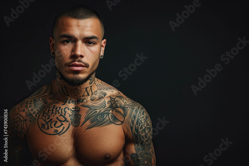 Confident Japanese man with muscular body tattooed on black background.