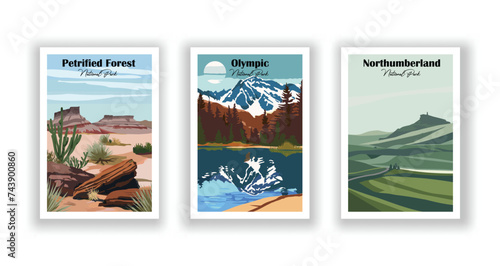 Northumberland, National Park. Olympic, National Park. Petrified Forest, National Park - Vintage travel poster. Vector illustration. High quality prints