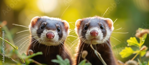 Two ferrets, a pair having fun outdoors in a summer garden, stand side by side in a field.