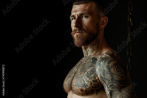 Confident man with muscular body tattooed on black background.