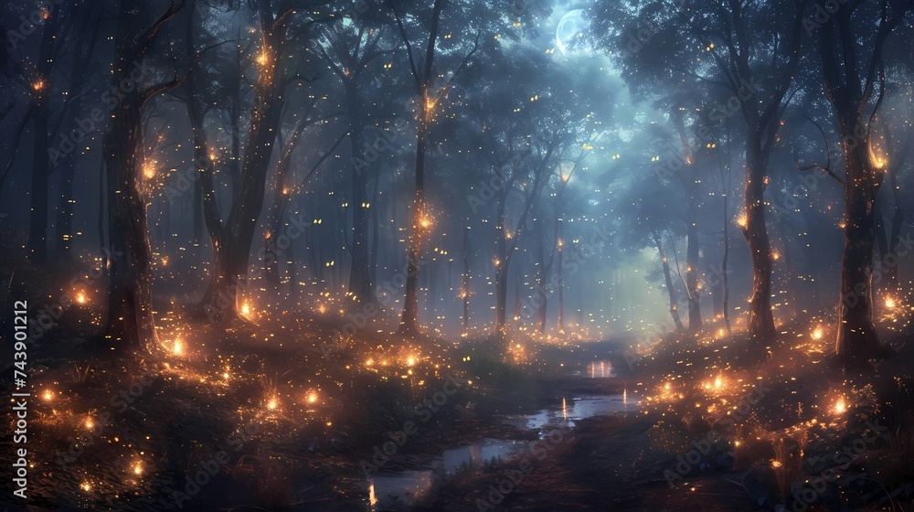 A tranquil forest glade bathed in soft moonlight, with fireflies dancing among the trees and a sense of magic lingering in the air