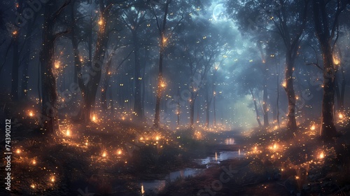 A tranquil forest glade bathed in soft moonlight, with fireflies dancing among the trees and a sense of magic lingering in the air © harta hun yar