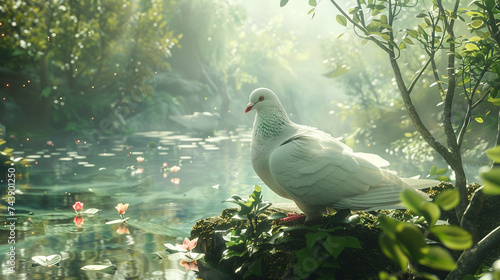 Create a serene depiction of a white pigeon amidst a peaceful setting photo