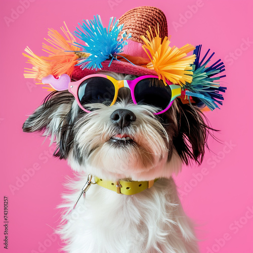 Funny party dog wearing colorful summer hat and stylish sunglasses. Pink background © wolfhound911