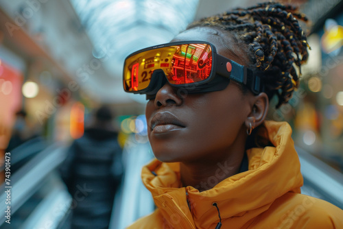 African woman in 3D virtual glasses standing on escalator in shopping mall