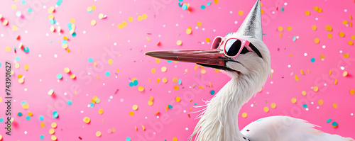 Stork with party hat and sunglasses on pink background with confetti.