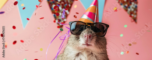 Happy Birthday, carnival, New Year's eve, sylvester or other festive celebration, funny animals card banner - gopher with party hat and sunglasses on pink background with confetti