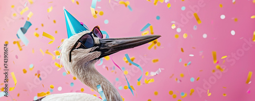 Happy Birthday, carnival, New Year's eve, Sylvester or other festive celebration, funny animals card banner - Stork with party hat and sunglasses on pink background with confetti.