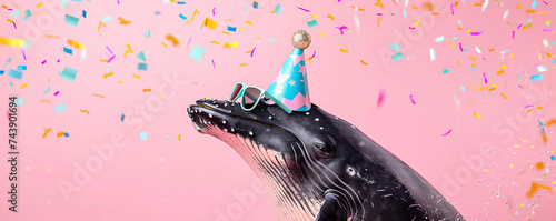 Happy Birthday, carnival, New Year's eve, sylvester or other festive celebration, funny animals card banner - whale with party hat and sunglasses on pink background with confetti.