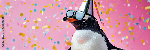 Happy Birthday, carnival, New Year's eve, sylvester or other festive celebration, funny animals card banner - Penguin with party hat and sunglasses on pink background with confetti.
