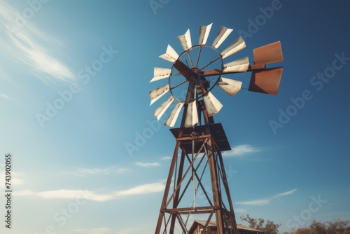 Old windmill wheel alternative energy power farm rural vintage generator sky propeller ecology agriculture production industry equipment isolated outdoors pump mill cloud sunrise tower nature turbine