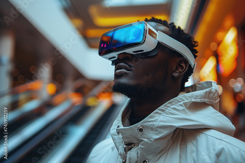African man in 3D virtual glasses standing on escalator in shopping mall