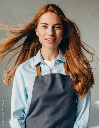 Fashion portrait of young attractive redhead female model in overall