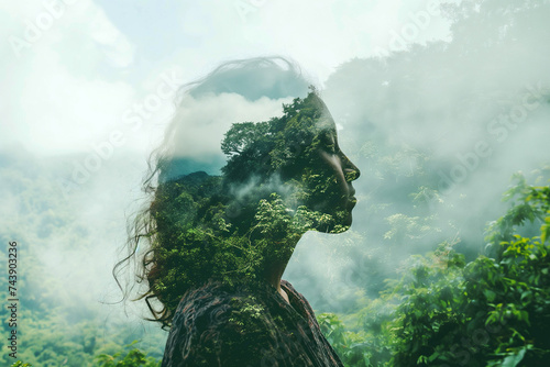 Double exposure portrait of woman blended with nature, green forest trees on light background. Spring, travel, nature and wanderlust concept. Alone solo traveler, dreams and thinking green, ecology photo