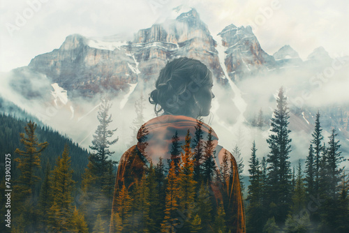Double exposure portrait of woman blended with nature, green forest trees on light background. Spring, travel, nature and wanderlust concept. Alone solo traveler, dreams and thinking green, ecology