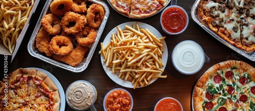 Assorted take-out food, including pizza, fries, onion rings, fried chicken, and chicken wings, on a large table. © Emin