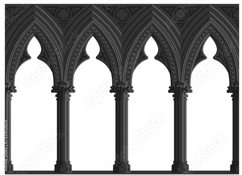 Gothic decorated arcade painting. Grey scale illustration of ornamented triforium photo