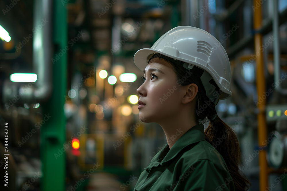 A female industrial engineer wears a white hat while standing in a large industrial factory in the background. The appearance of maintenance and operation of industrial machinery A female industrial engineer wears a white hat while standing in a large industrial factory in the background. The appearance of maintenance and operation of industrial machinery