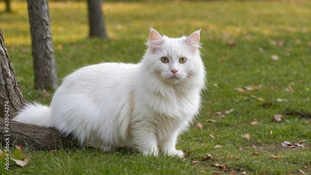 White norwegian forest cat in the park