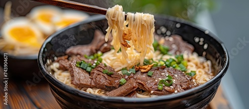 This close-up photo showcases a bowl of Hong Kong style beef brisket rice noodles, featuring tender beef brisket, fragrant rice, and traditional noodles.