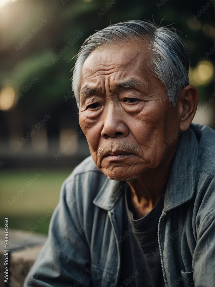 Depressed senior elderly asian man sitting outside looking sad from Generative AI