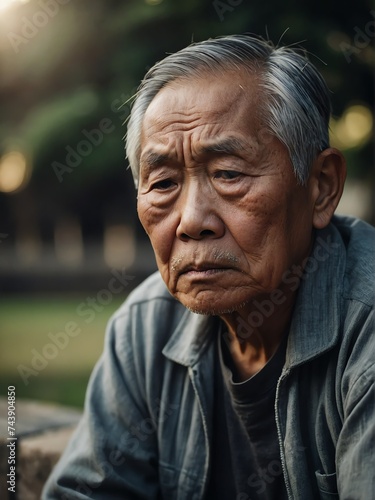 Depressed senior elderly asian man sitting outside looking sad from Generative AI © Arceli