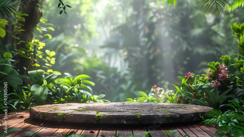 Cosmetic product pedestal mockup with tropical leaves and stone platform background.