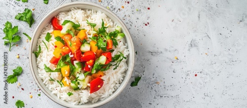 Colorful vegetables mixed with cooked white rice in a white bowl, photographed from above with empty space on the right.