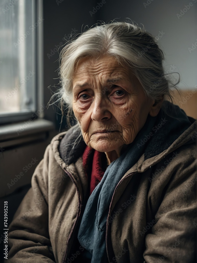 Lonely elderly woman looking sad at the camera on a homeless shelter from Generative AI Lonely elderly woman looking sad at the camera on a homeless shelter from Generative AI