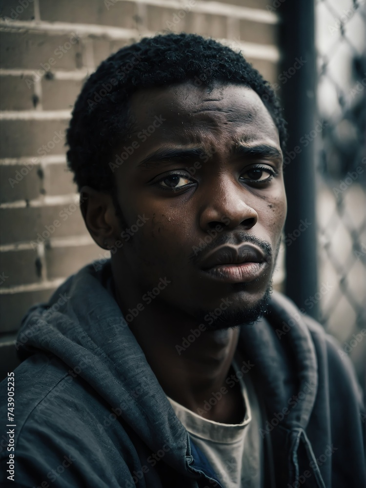 Lonely young black african man looking sad at the camera on a homeless shelter from Generative AI Lonely young black african man looking sad at the camera on a homeless shelter from Generative AI