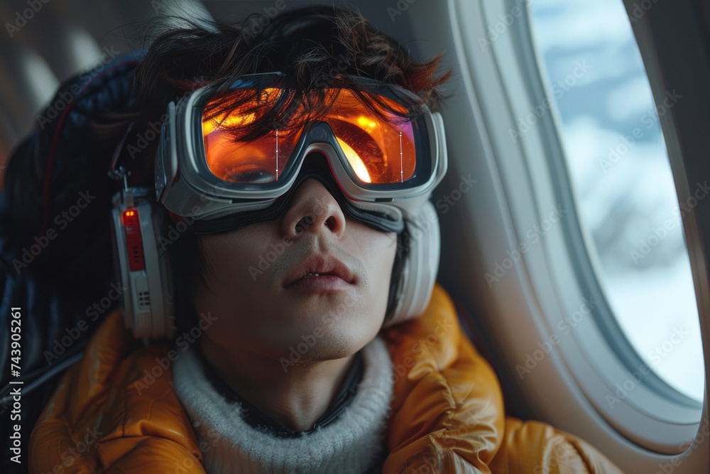 Asian man in 3D virtual glasses travels in plane Asian man in 3D virtual glasses travels in plane