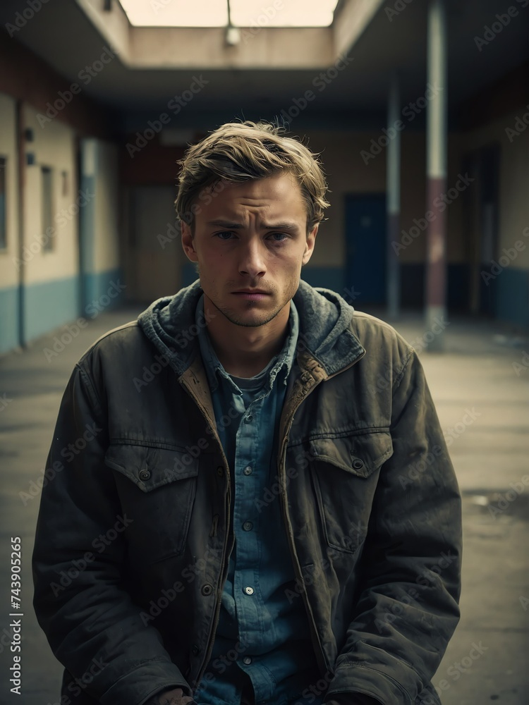Lonely young caucasian man looking sad at the camera on a homeless shelter from Generative AI Lonely young caucasian man looking sad at the camera on a homeless shelter from Generative AI