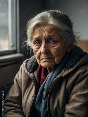 Lonely elderly woman looking sad at the camera on a homeless shelter from Generative AI © Arceli