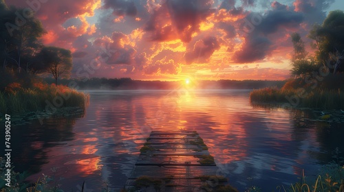 A tranquil lake surrounded by lush greenery, with a small wooden dock extending into the water and a colorful sunset painting the sky in shades of orange and pink