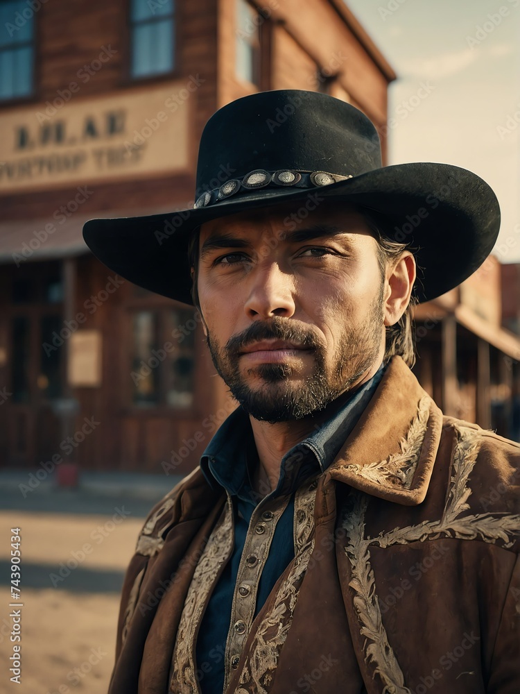 Man at wild west wearing a western cowboy outfit in a town from Generative AI Man at wild west wearing a western cowboy outfit in a town from Generative AI
