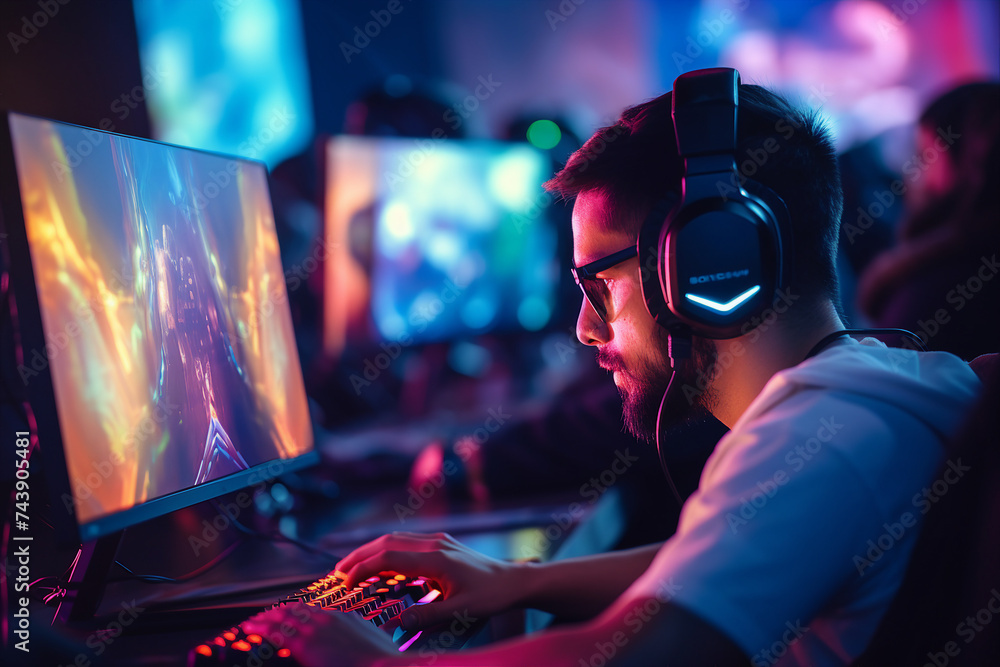 Professional esports player taking part in team competition gamer space neon light Generative AI picture - obrazy, fototapety, plakaty 