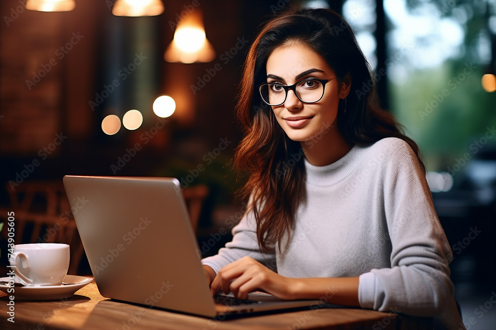 Generative AI photo of young beautiful woman sitting in cafe Generative AI photo of young beautiful woman sitting in cafe
