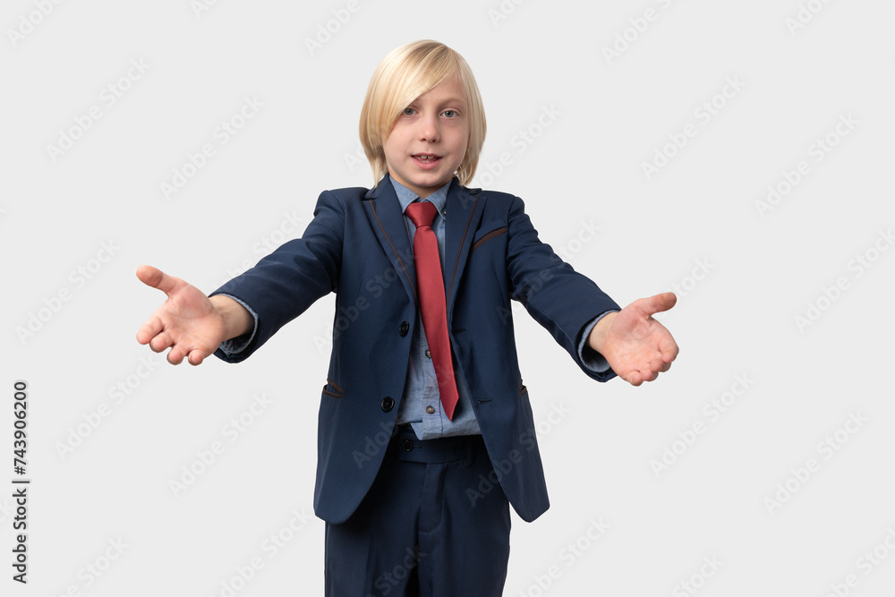 Portrait of a handsome young business man raising his hands up for hugs, isolated on white background Portrait of a handsome young business man raising his hands up for hugs, isolated on white background