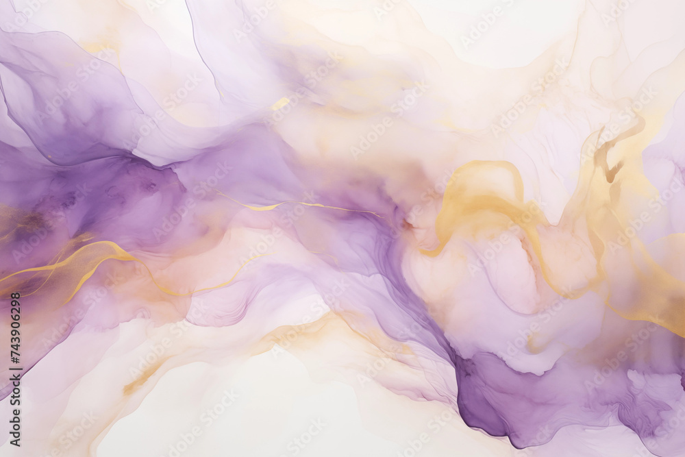abstract swirling water color flow art background in light purple and white with gold	