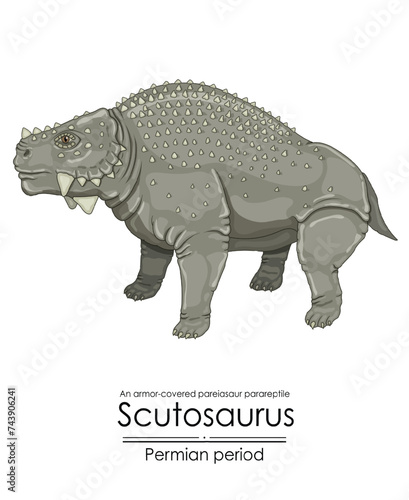 Scutosaurus, a Permian period prehistoric armor-covered pareiasaur parareptile. Colorful illustration on a white background