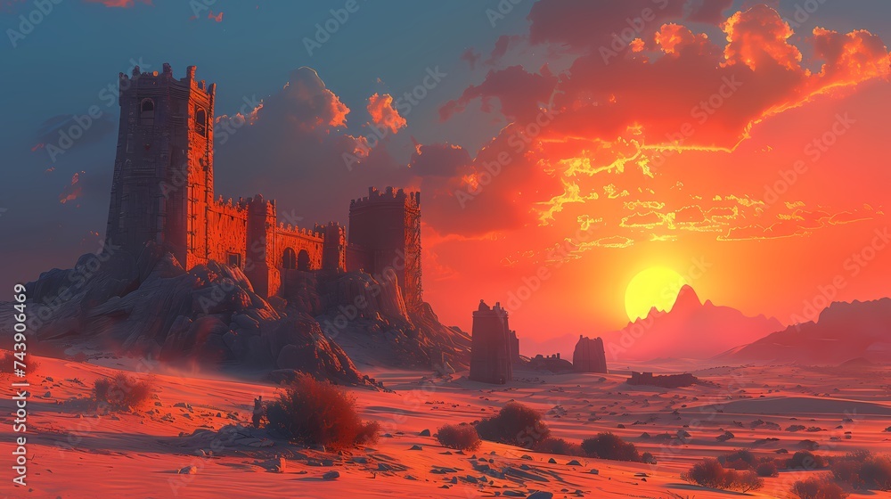A vast desert landscape stretching to the horizon, dotted with ancient ruins half-buried in the sand, under a sky ablaze with the colors of sunset - obrazy, fototapety, plakaty 