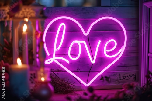 A romantic setting featuring a heart-shaped neon sign spelling Love, accompanied by a bouquet of flowers, creating an intimate atmosphere