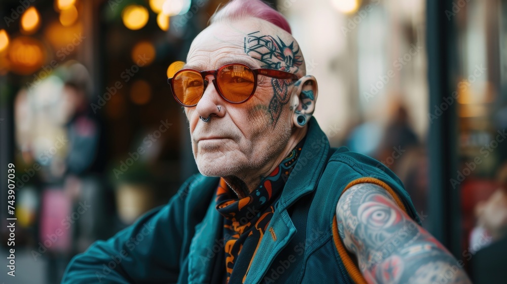 portrait of a seriously senior woman with tattoos, old male model, aging model, well groomed senior man